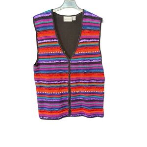 Fitting Image Crochet Ribbon‎ Striped Vest Women's 18/20 Rainbow Retro Boho EUC